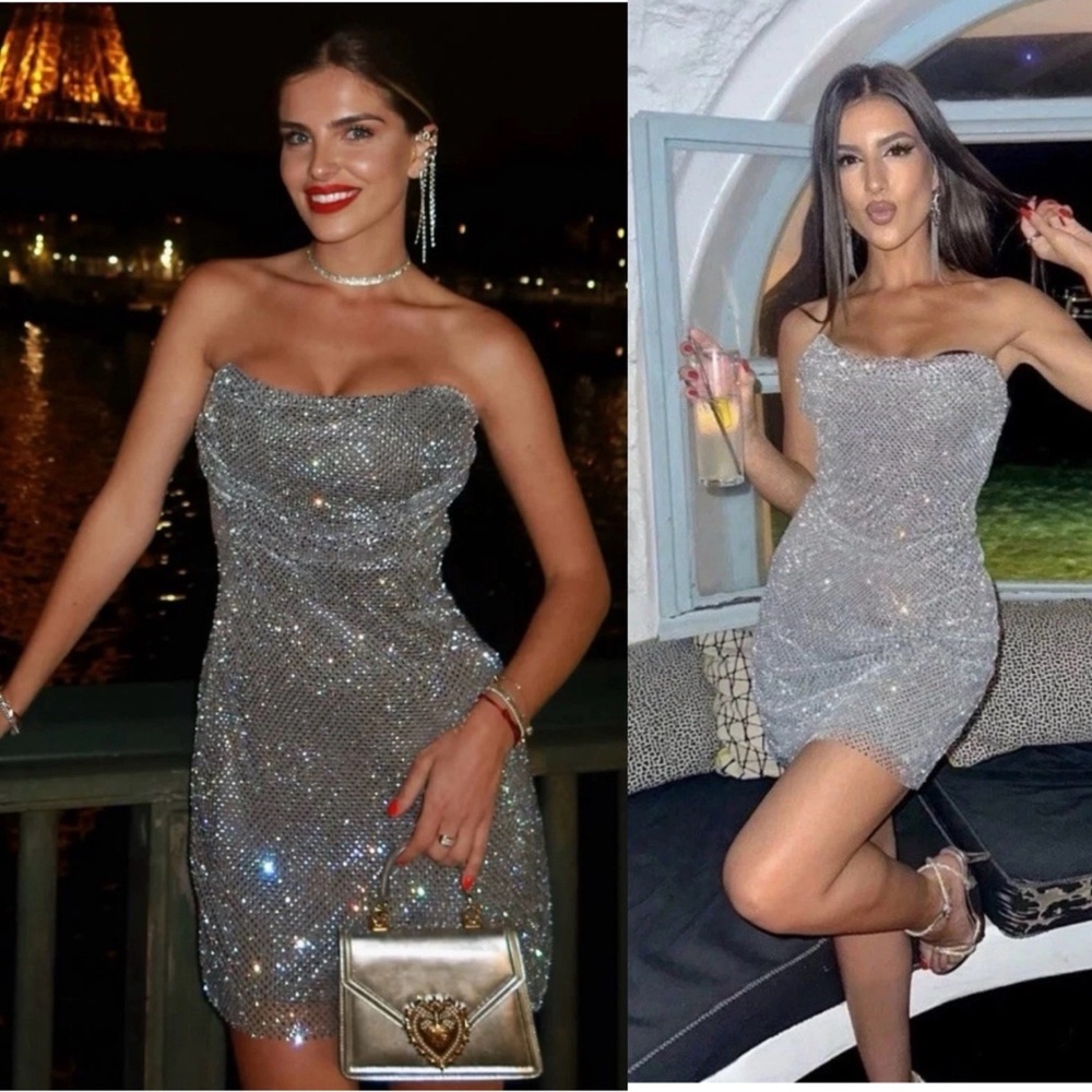 Zara gray silver rhinestone mesh appliqué strapless corset mini dress Sz M NWT